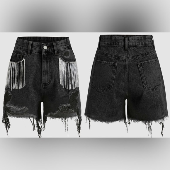 CASHMERE & CHAMPAGNE Pants - NWT CASHMERE & CHAMPAGNE DIAMOND TASSELS RIPPED DENIM SHORTS Sz. S